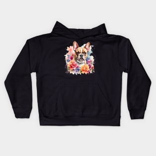A french bulldog  decorated with beautiful watercolor flowers Kids Hoodie